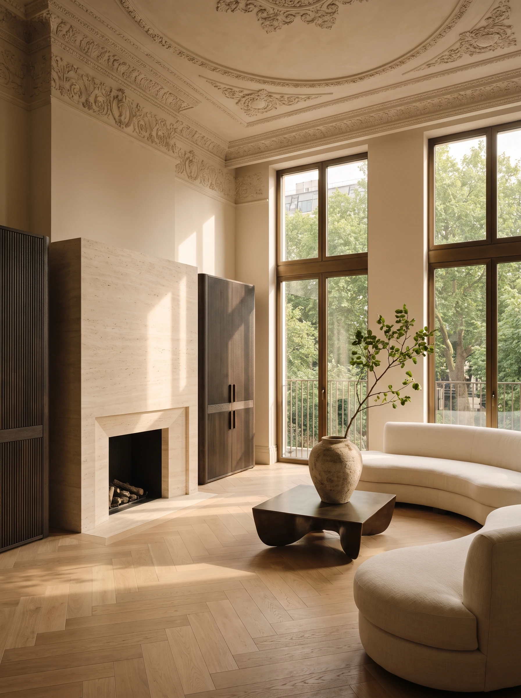 AI-generated luxury penthouse with tall windows, travertine and bespoke timber joinery