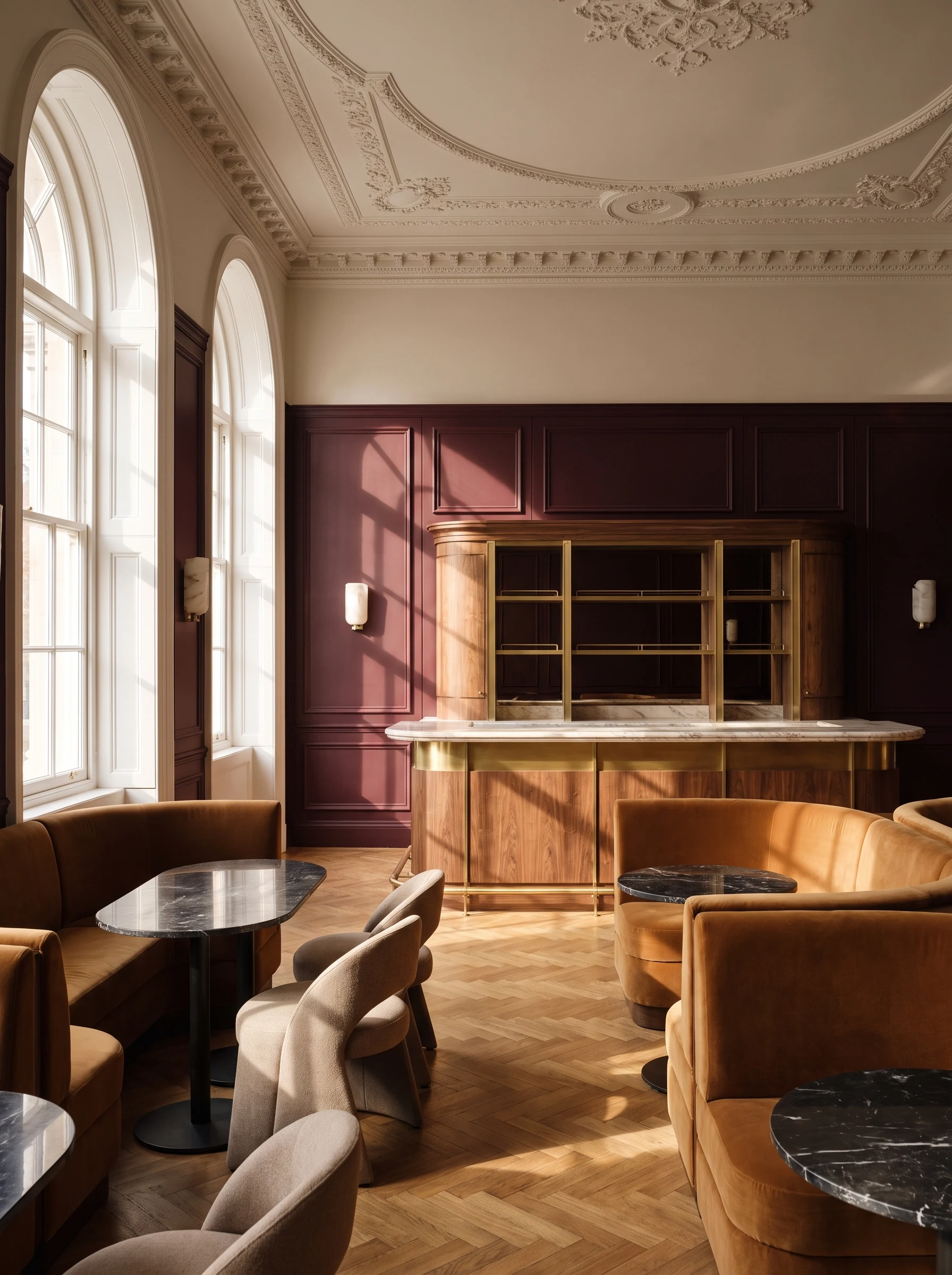 AI-generated luxury hotel lounge with burgundy panelling, marble and warm brass