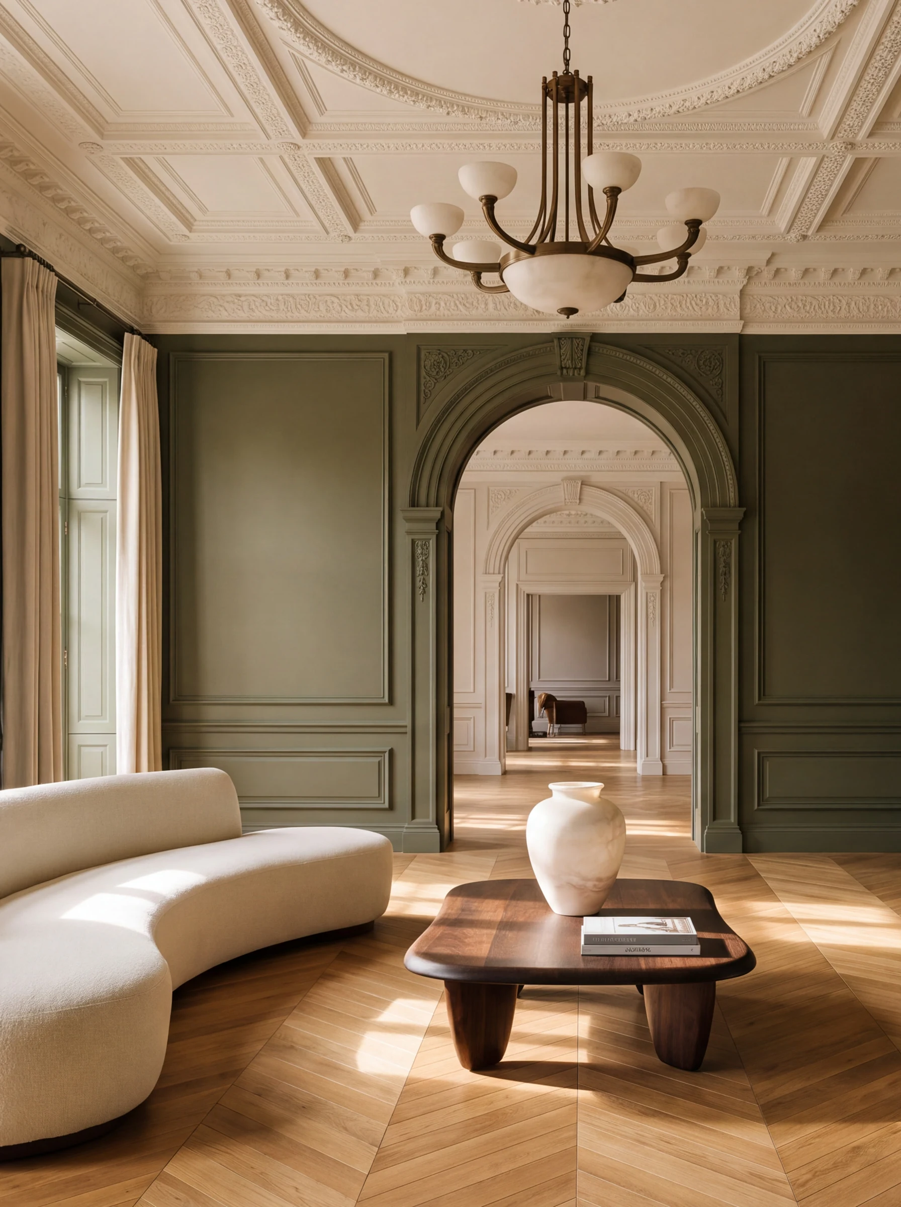 AI-generated mansion drawing room with ornate plasterwork and olive panelling